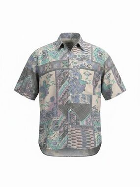 VINTAGE 80s Floral & Geometric Patchwork Short-Sleeve Button Shirt